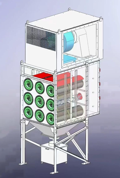 濾筒除塵器結構圖解：標注箱體、濾筒、脈沖閥、灰斗、風機等主要部件